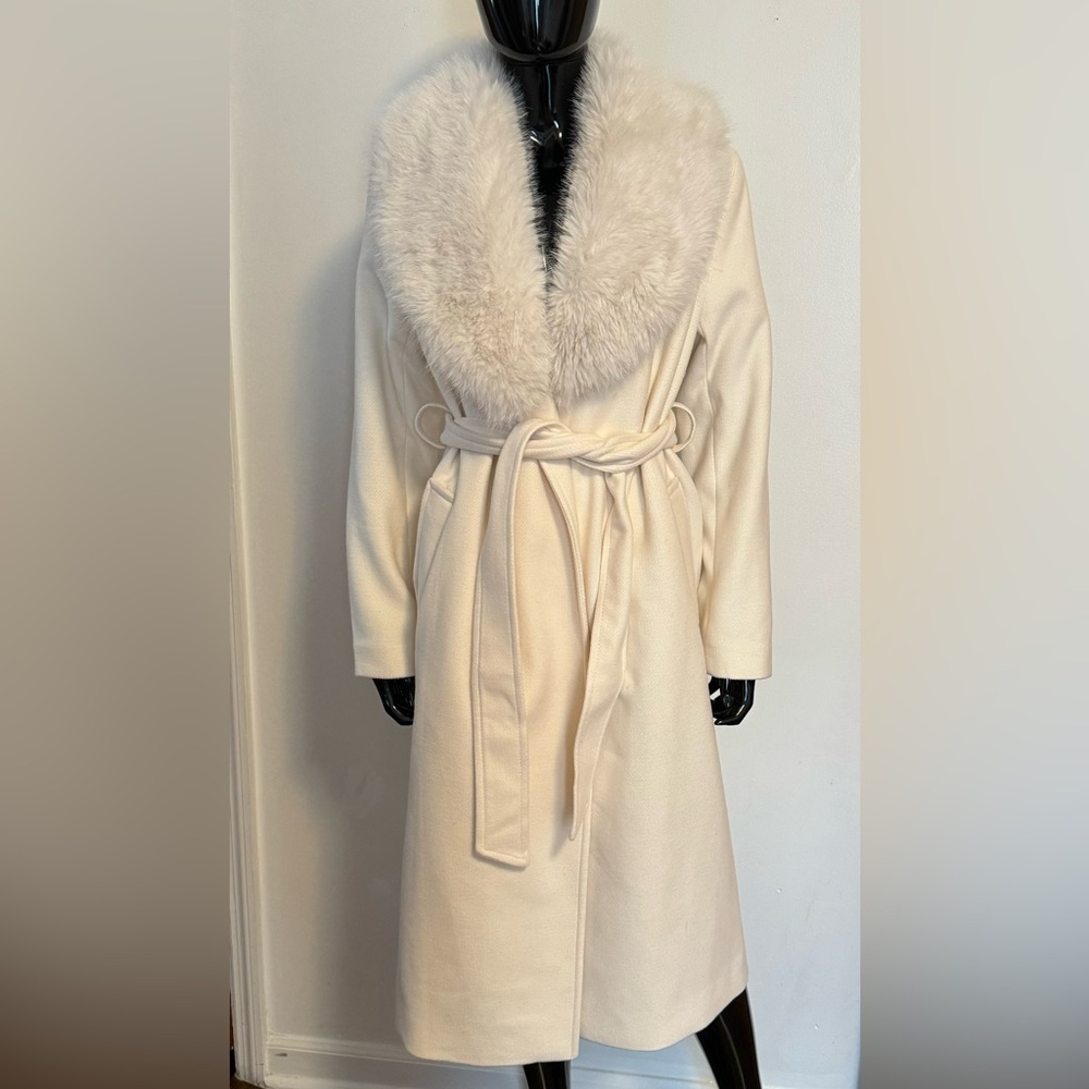 H&M white over the knee coat with faux fur trim